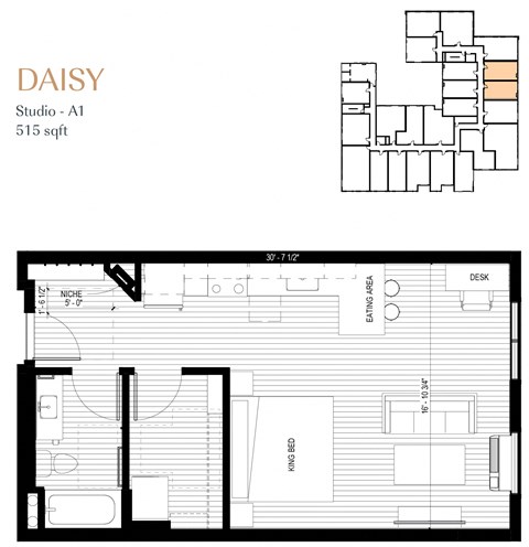 Floor plan for studio, 1 bath, 515 sqft